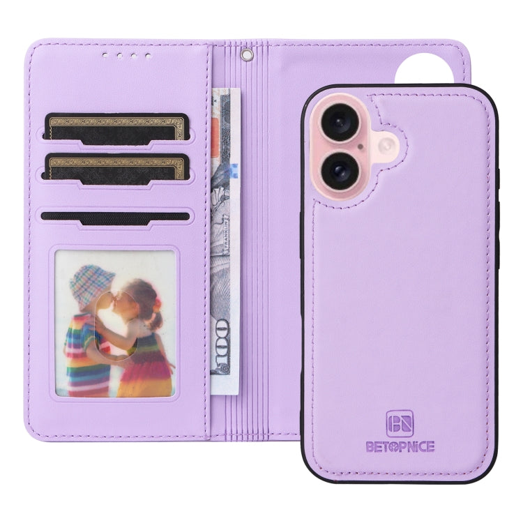 For iPhone 16 Plus BETOPNICE BN-005 2 in 1 Detachable Imitate Genuine Leather Phone Case(Light Purple)