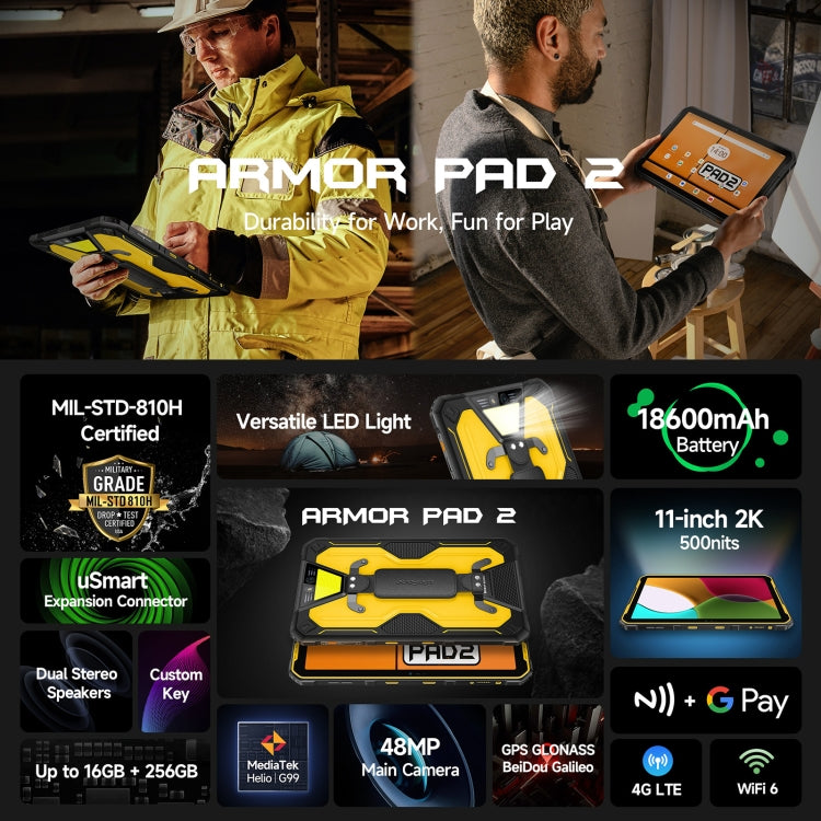 [HK Warehouse] Ulefone Armor Pad 2 Rugged Tablet PC, 16GB+256GB 11 inch Android 13 MediaTek Helio G99 Octa Core 4G Network EU Plug(Black)