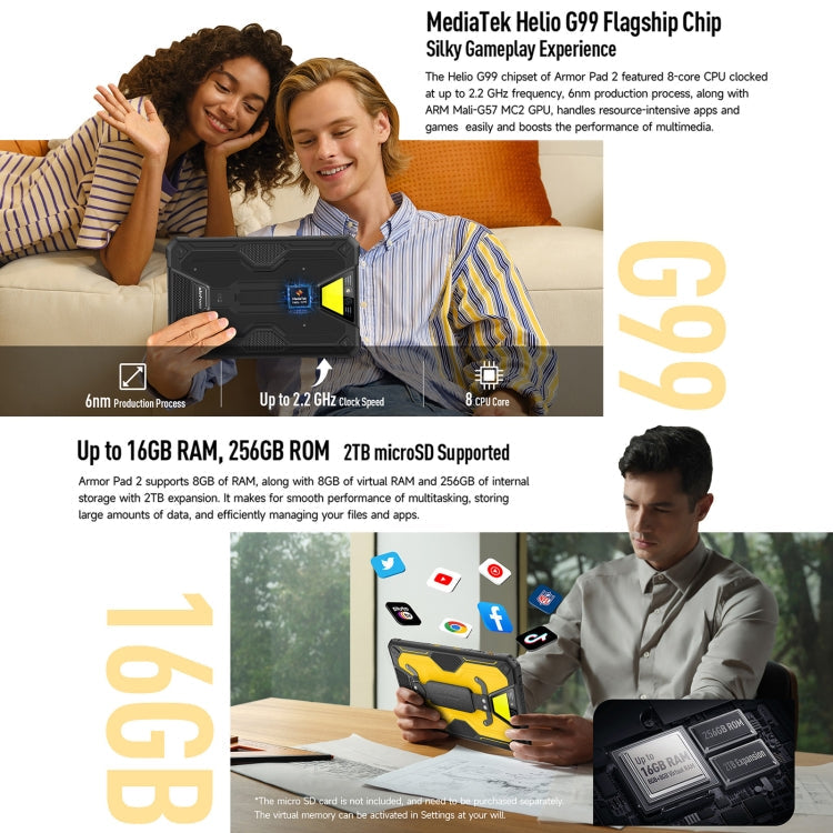 [HK Warehouse] Ulefone Armor Pad 2 Rugged Tablet PC, 16GB+256GB 11 inch Android 13 MediaTek Helio G99 Octa Core 4G Network EU Plug(Yellow)
