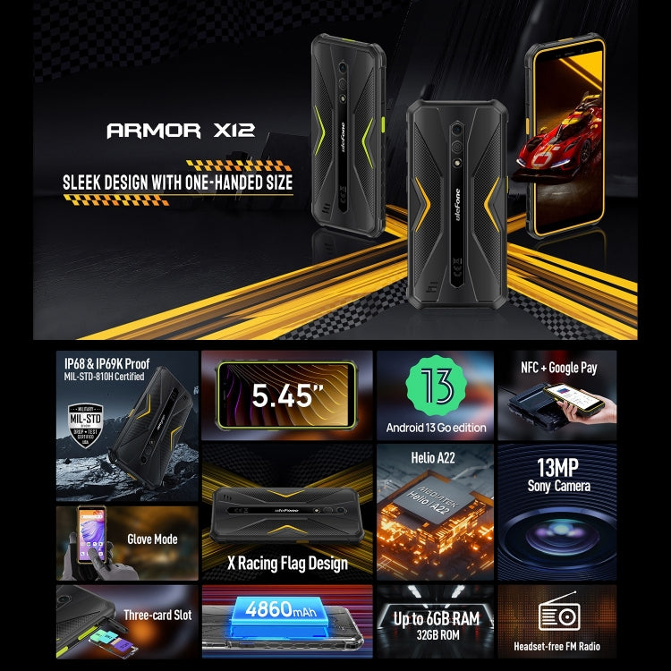 [HK Warehouse] Ulefone Armor X12, 3GB+32GB, Rugged Phone, Face Unlock, 5.45 inch Android 13 Go MediaTek Helio A22 Quad Core, Network: 4G, NFC(Less Green)