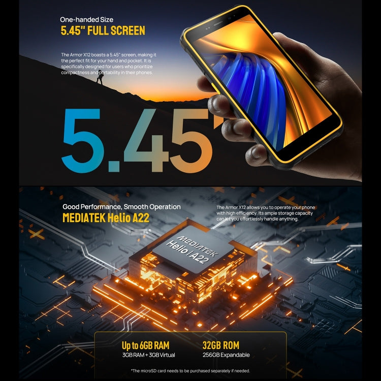 [HK Warehouse] Ulefone Armor X12, 3GB+32GB, Rugged Phone, Face Unlock, 5.45 inch Android 13 Go MediaTek Helio A22 Quad Core, Network: 4G, NFC(All Black)