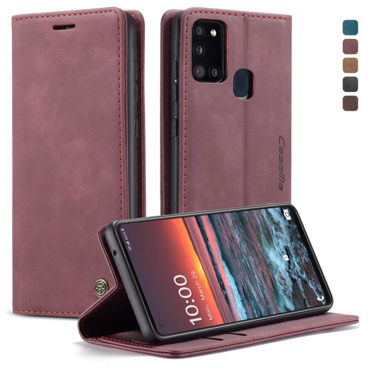 For Samsung Galaxy A21S CaseMe-013 Multifunctional Retro Frosted Horizontal Flip Leather Case with Card Slot & Holder & Wallet(Wine Red)
