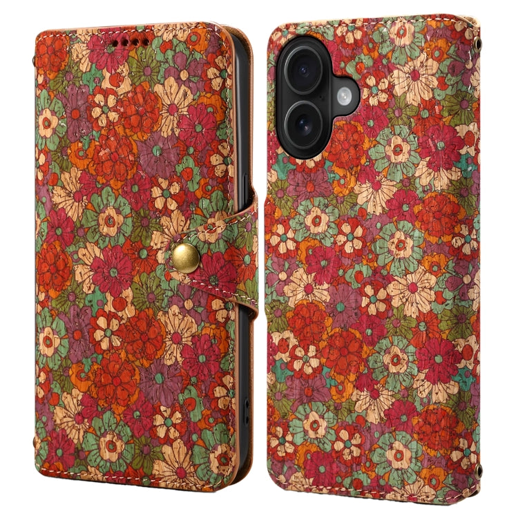 For iPhone 16 Denior Flower Language Series Cork Fabric Oil Edge Leather Phone Case(Summer)