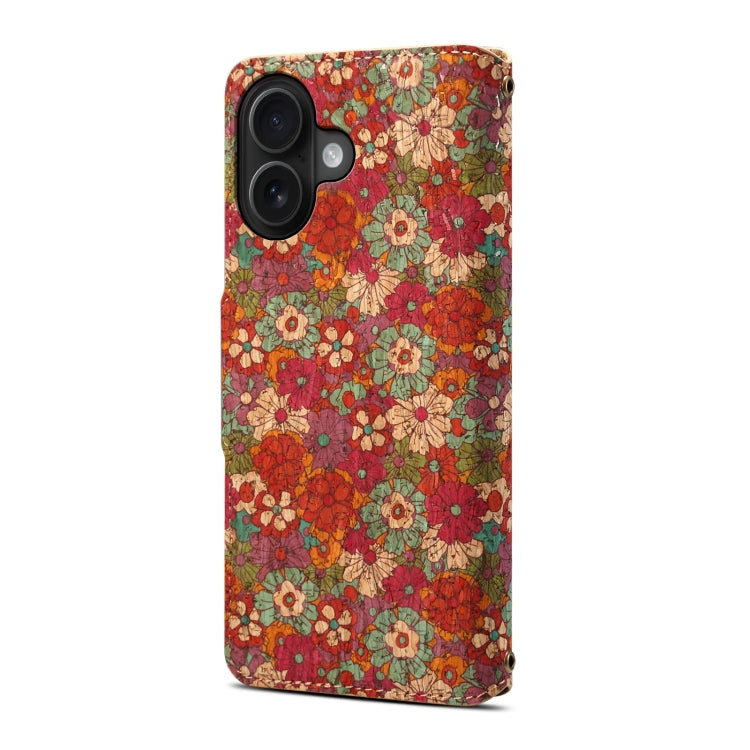 For iPhone 16 Denior Flower Language Series Cork Fabric Oil Edge Leather Phone Case(Summer)