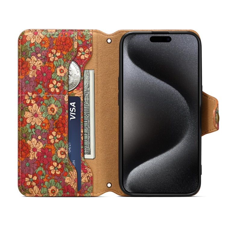 For iPhone 16 Denior Flower Language Series Cork Fabric Oil Edge Leather Phone Case(Summer)