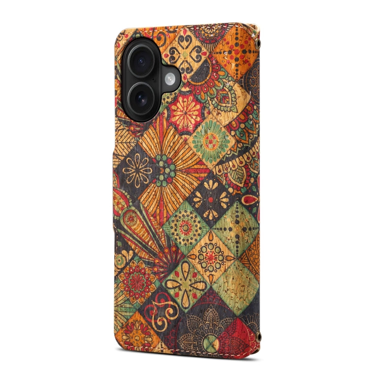 For iPhone 16 Denior Flower Language Series Cork Fabric Oil Edge Leather Phone Case(Autumn)