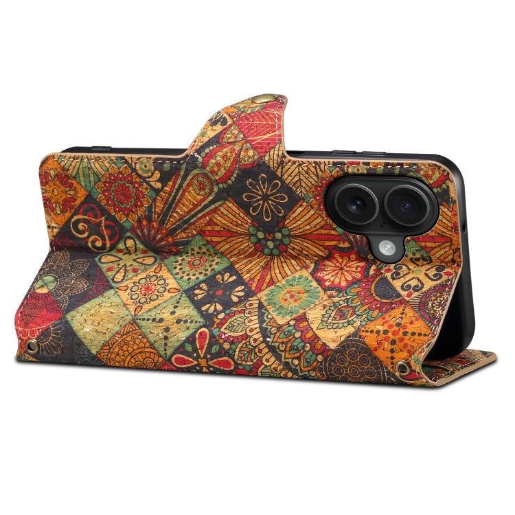 For iPhone 16 Denior Flower Language Series Cork Fabric Oil Edge Leather Phone Case(Autumn)