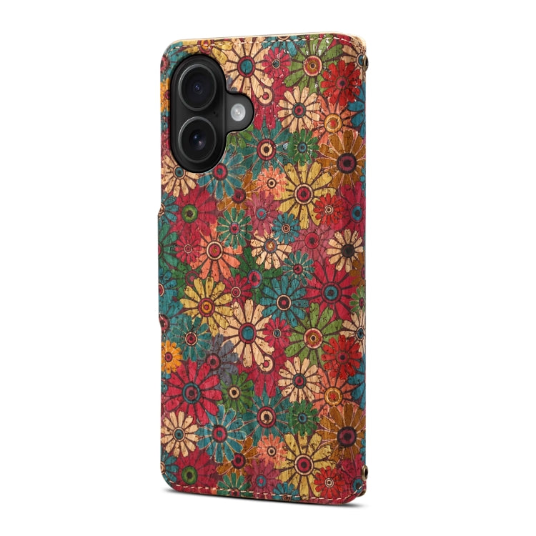 For iPhone 16 Plus Denior Flower Language Series Cork Fabric Oil Edge Leather Phone Case(Spring)