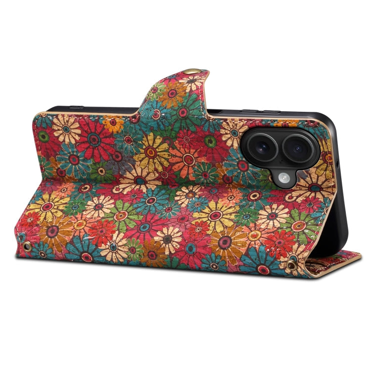 For iPhone 16 Plus Denior Flower Language Series Cork Fabric Oil Edge Leather Phone Case(Spring)