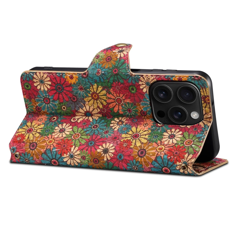 For iPhone 16 Pro Denior Flower Language Series Cork Fabric Oil Edge Leather Phone Case(Spring)