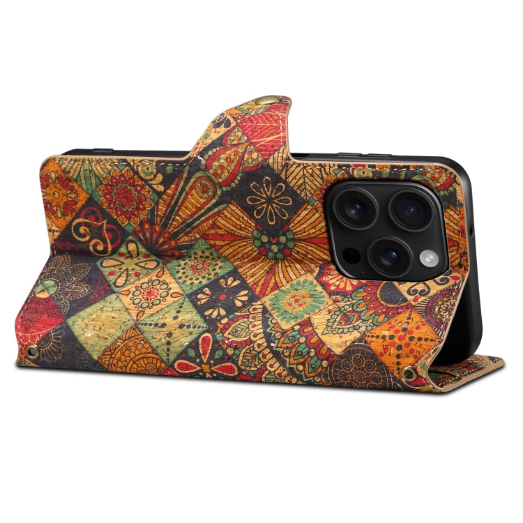 For iPhone 16 Pro Denior Flower Language Series Cork Fabric Oil Edge Leather Phone Case(Autumn)