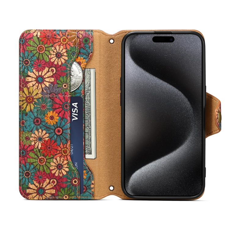 For iPhone 16 Pro Max Denior Flower Language Series Cork Fabric Oil Edge Leather Phone Case(Spring)