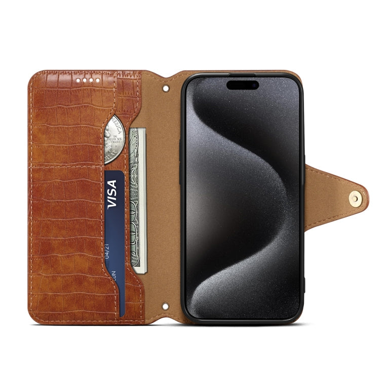For iPhone 16 Denior Crocodile Texture Oil Edge Leather Phone Case(Brown)