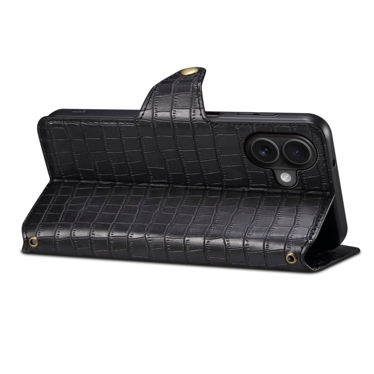 For iPhone 16 Plus Denior Crocodile Texture Oil Edge Leather Phone Case(Black)