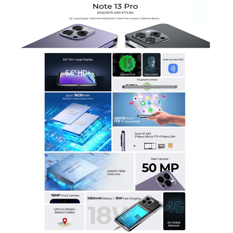 [HK Warehouse] HOTWAV Note 13 Pro, 8GB+256GB, Side Fingerprint Identification, 6.6 inch Android 13 UMS9230 T606 Octa Core up to 1.6GHz, Network: 4G, OTG(Purple)
