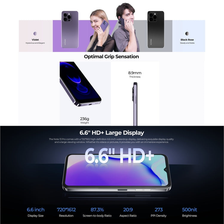 [HK Warehouse] HOTWAV Note 13 Pro, 8GB+256GB, Side Fingerprint Identification, 6.6 inch Android 13 UMS9230 T606 Octa Core up to 1.6GHz, Network: 4G, OTG(Black)
