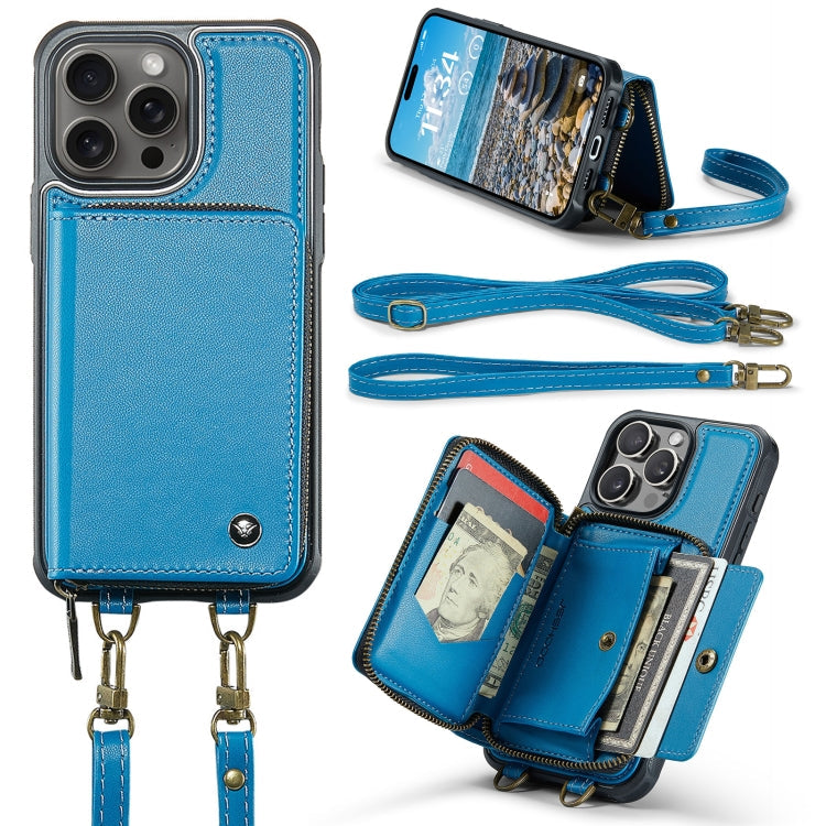 For iPhone 16 Pro JEEHOOD C22 Series Zipper Wallet Leather Phone Case with Dual Lanyard(Blue)