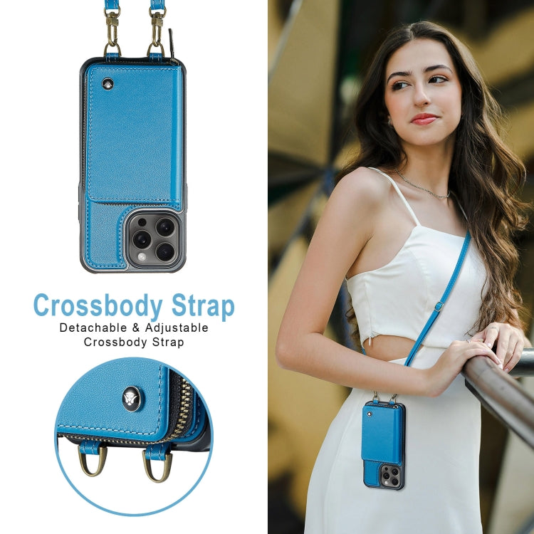 For iPhone 16 Pro JEEHOOD C22 Series Zipper Wallet Leather Phone Case with Dual Lanyard(Blue)