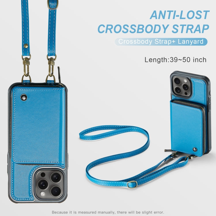For iPhone 16 Pro JEEHOOD C22 Series Zipper Wallet Leather Phone Case with Dual Lanyard(Blue)