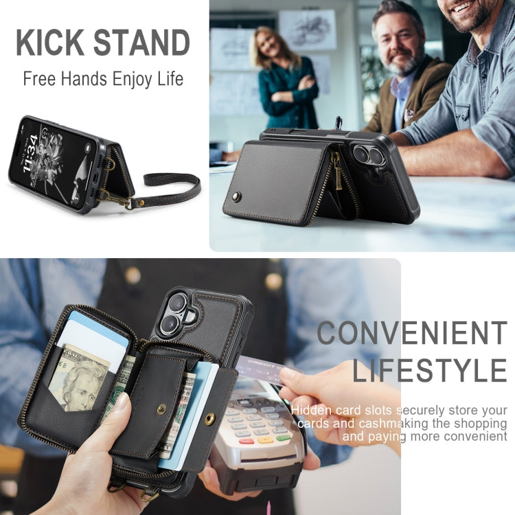 For iPhone 16 Plus JEEHOOD C22 Series Zipper Wallet Leather Phone Case with Dual Lanyard(Black)