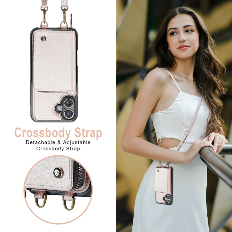 For iPhone 16 Plus JEEHOOD C22 Series Zipper Wallet Leather Phone Case with Dual Lanyard(Rose Gold)