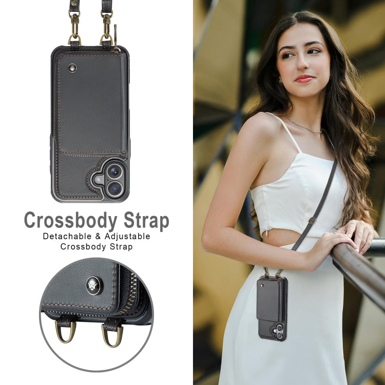 For iPhone 16 Plus JEEHOOD C22 Series Zipper Wallet Leather Phone Case with Dual Lanyard(Coffee)