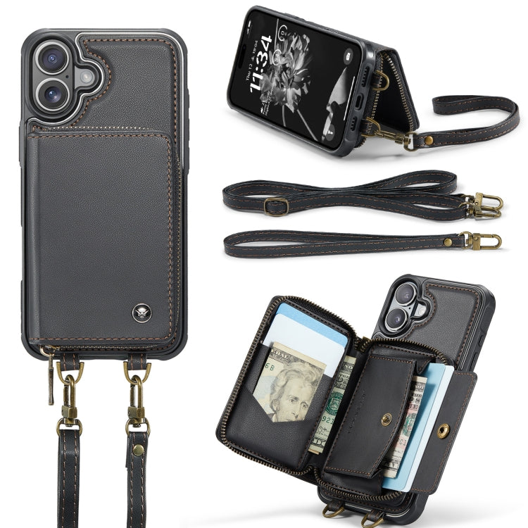 For iPhone 16 JEEHOOD C22 Series Zipper Wallet Leather Phone Case with Dual Lanyard(Black)