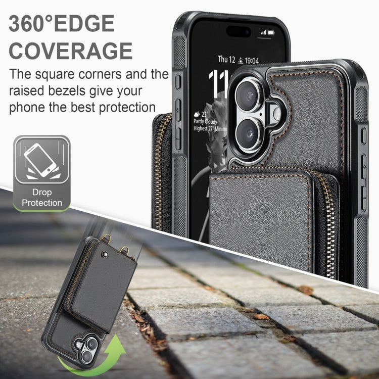 For iPhone 16 JEEHOOD C22 Series Zipper Wallet Leather Phone Case with Dual Lanyard(Black)