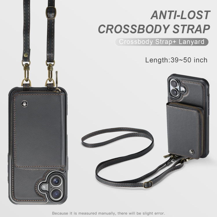 For iPhone 16 JEEHOOD C22 Series Zipper Wallet Leather Phone Case with Dual Lanyard(Black)