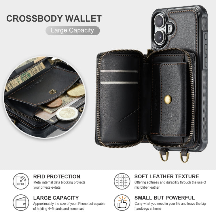 For iPhone 16 JEEHOOD C22 Series Zipper Wallet Leather Phone Case with Dual Lanyard(Black)