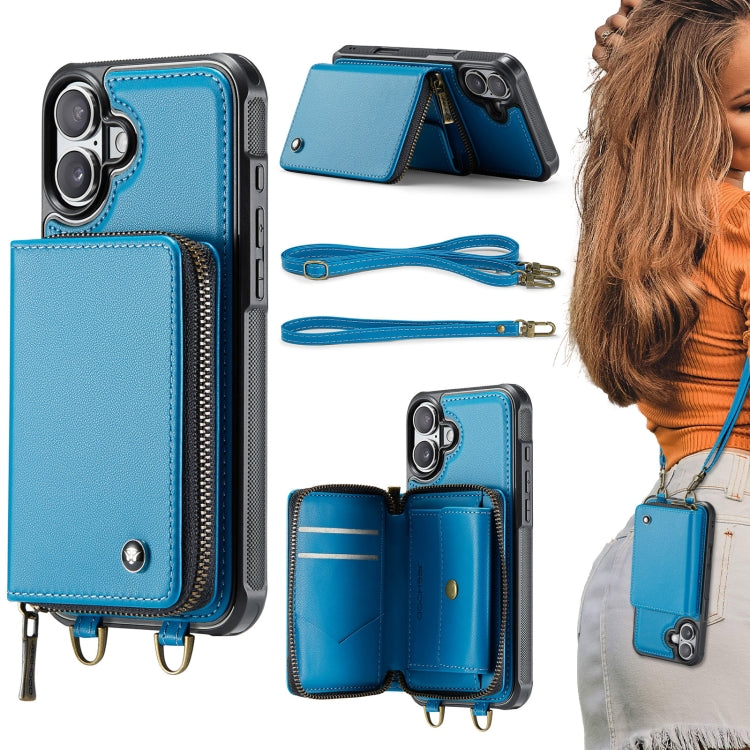 For iPhone 16 JEEHOOD C22 Series Zipper Wallet Leather Phone Case with Dual Lanyard(Blue)