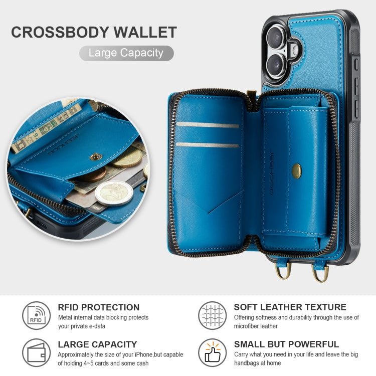 For iPhone 16 JEEHOOD C22 Series Zipper Wallet Leather Phone Case with Dual Lanyard(Blue)