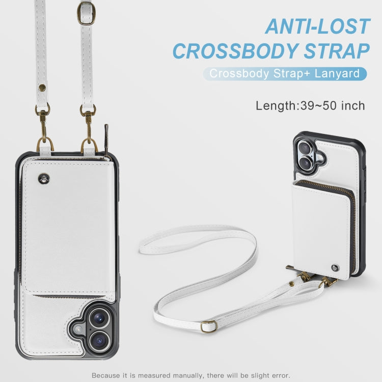 For iPhone 16 JEEHOOD C22 Series Zipper Wallet Leather Phone Case with Dual Lanyard(White)
