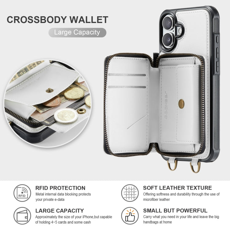 For iPhone 16 JEEHOOD C22 Series Zipper Wallet Leather Phone Case with Dual Lanyard(White)