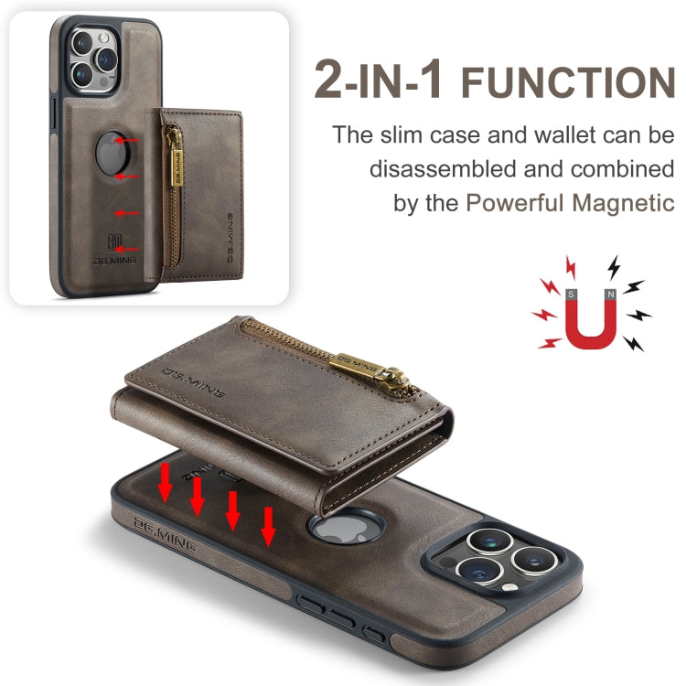 For iPhone 15 Pro Max DG.MING M5 Series Zip RFID Multi Card Detachable Leather Phone Case(Coffee)