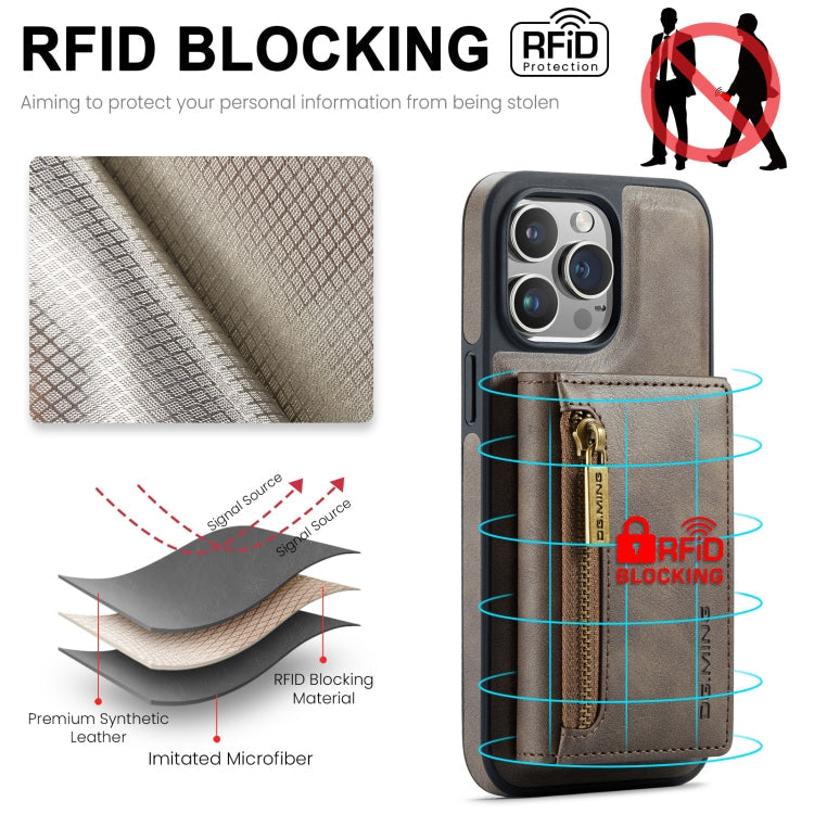 For iPhone 15 Pro Max DG.MING M5 Series Zip RFID Multi Card Detachable Leather Phone Case(Coffee)