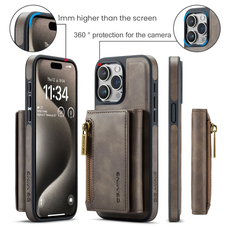For iPhone 15 Pro Max DG.MING M5 Series Zip RFID Multi Card Detachable Leather Phone Case(Coffee)