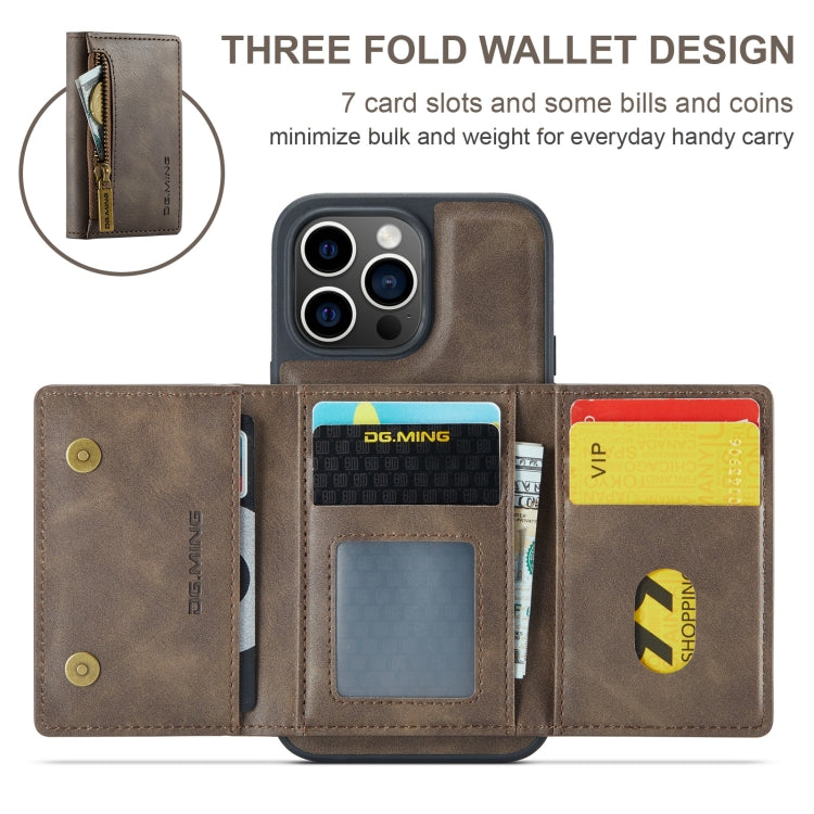 For iPhone 15 Pro Max DG.MING M5 Series Zip RFID Multi Card Detachable Leather Phone Case(Coffee)