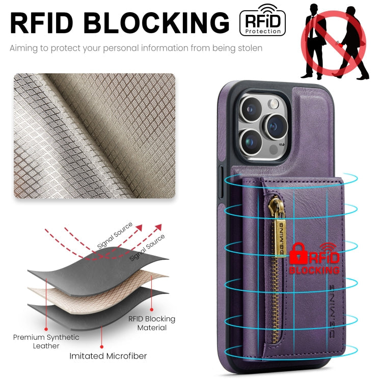 For iPhone 15 Pro Max DG.MING M5 Series Zip RFID Multi Card Detachable Leather Phone Case(Purple)