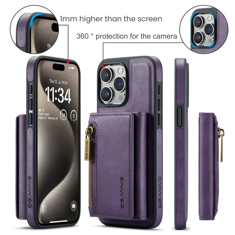 For iPhone 15 Pro Max DG.MING M5 Series Zip RFID Multi Card Detachable Leather Phone Case(Purple)