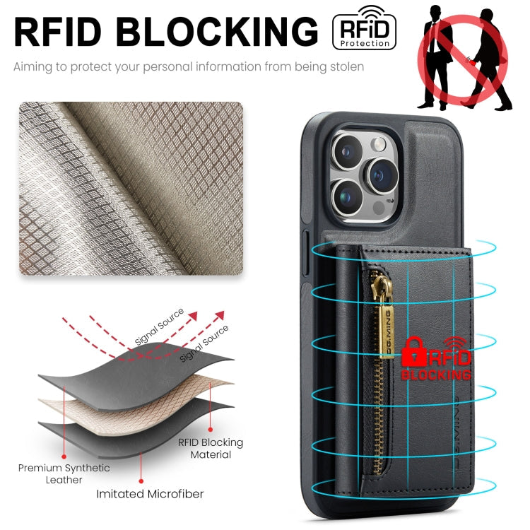 For iPhone 15 Pro DG.MING M5 Series Zip RFID Multi Card Detachable Leather Phone Case(Black)