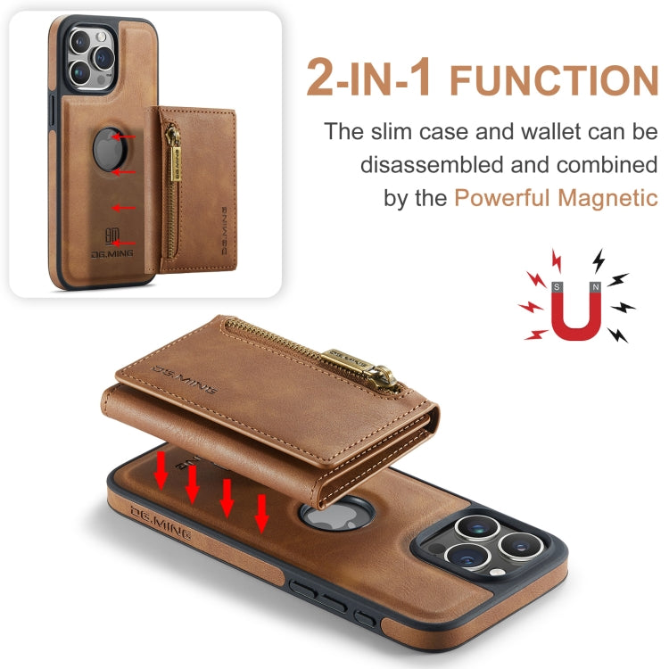 For iPhone 15 Pro DG.MING M5 Series Zip RFID Multi Card Detachable Leather Phone Case(Brown)