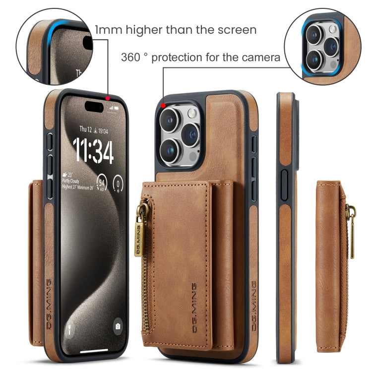 For iPhone 15 Pro DG.MING M5 Series Zip RFID Multi Card Detachable Leather Phone Case(Brown)