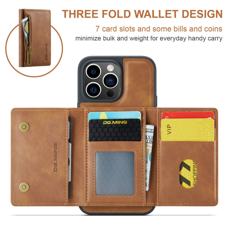 For iPhone 15 Pro DG.MING M5 Series Zip RFID Multi Card Detachable Leather Phone Case(Brown)