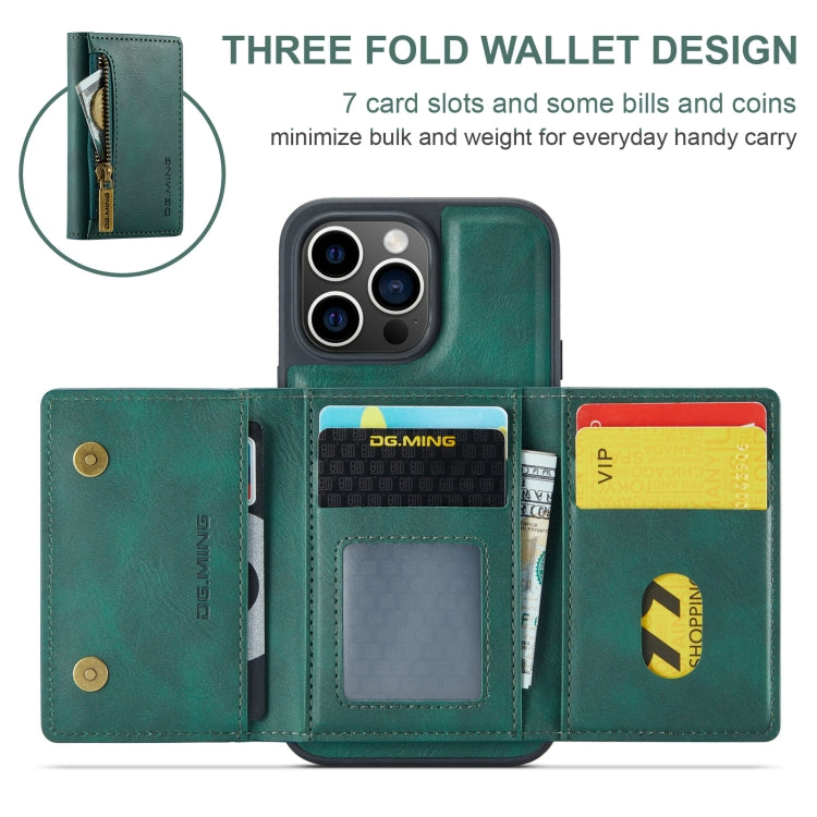 For iPhone 15 Pro DG.MING M5 Series Zip RFID Multi Card Detachable Leather Phone Case(Green)