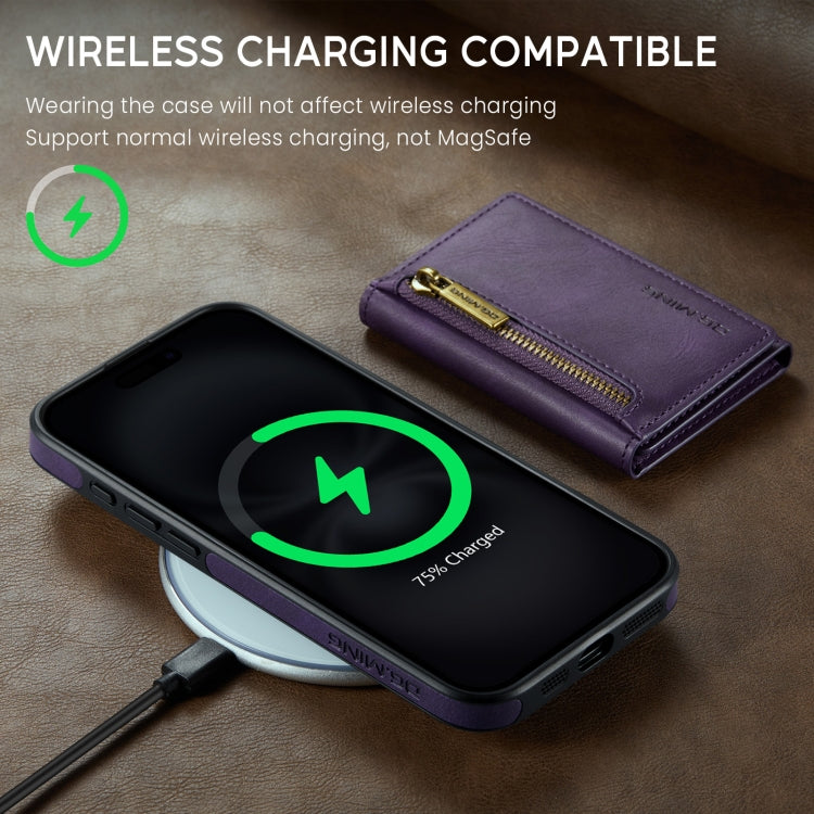 For iPhone 16 DG.MING M5 Series Zip RFID Multi Card Detachable Leather Phone Case(Purple)