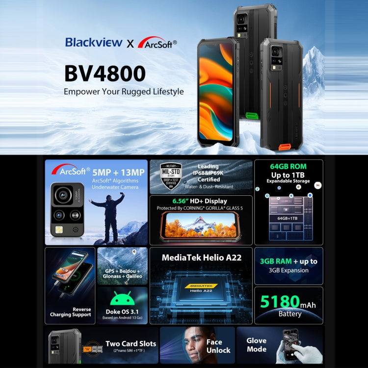 [HK Warehouse] Blackview BV4800, 3GB+64GB, IP68/IP69K/MIL-STD-810H, 6.56 inch Android 13 MediaTek MT6761V/WB Helio A22 Quad Core, Network: 4G, OTG(Black)