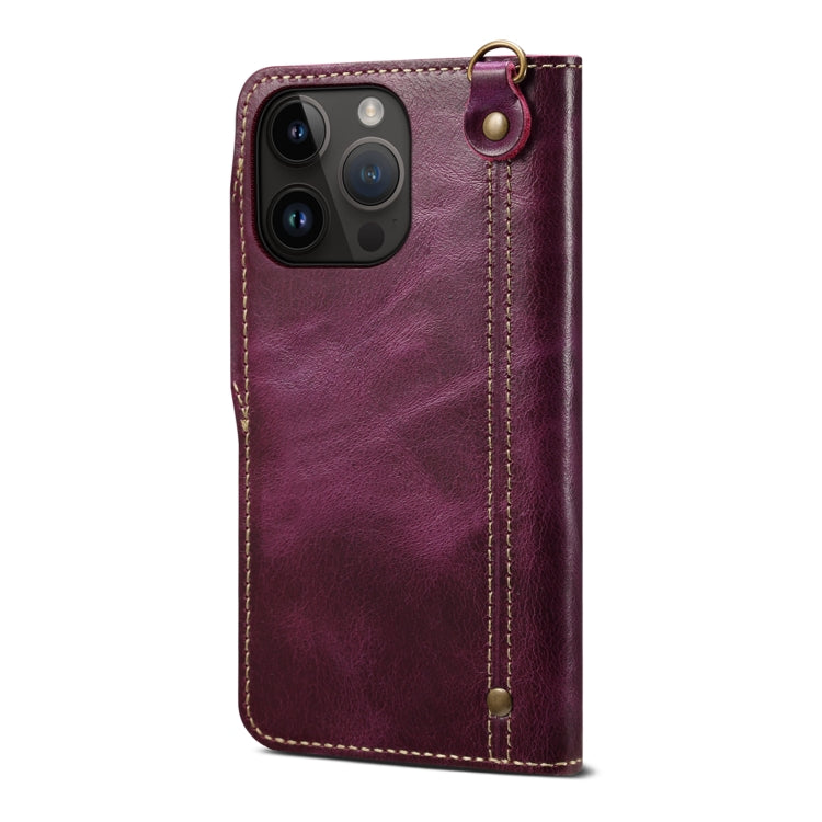 For iPhone 15 Pro Max Denior Oil Wax Cowhide Magnetic Button Genuine Leather Case(Purple)