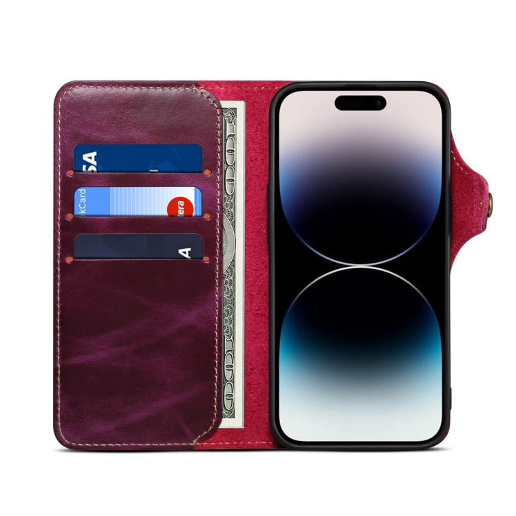 For iPhone 15 Pro Max Denior Oil Wax Cowhide Magnetic Button Genuine Leather Case(Purple)