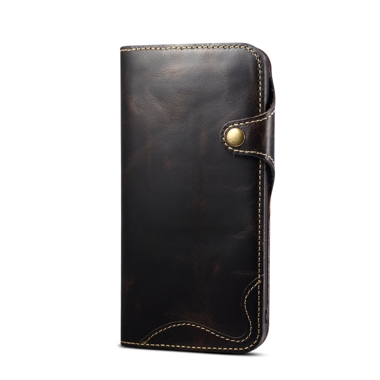 For iPhone 15 Denior Oil Wax Cowhide Magnetic Button Genuine Leather Case(Black)